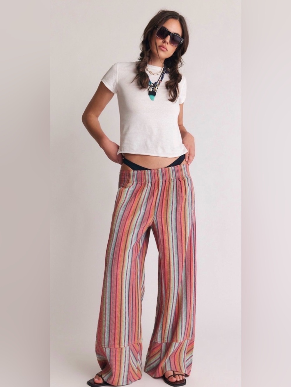 Free People Days End Striped Wide-Leg Pants - red blue brown medium